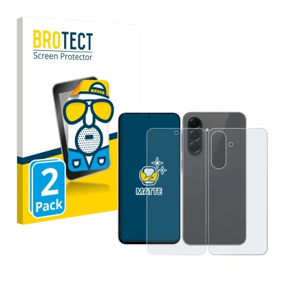 Front side of a product packaging with the brand logo BROTECT. Next to it is the device Samsung Galaxy A56 5G (Front+Back) sho