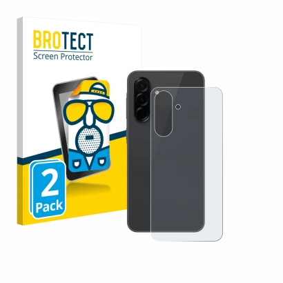 Front side of a product packaging with the brand logo BROTECT. Next to it is the device Samsung Galaxy A36 5G (Back) shown wit