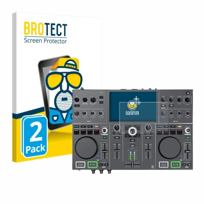 Front side of a product packaging with the brand logo BROTECT. Next to it is the device Denon DJ Prime Go+ shown with the corr