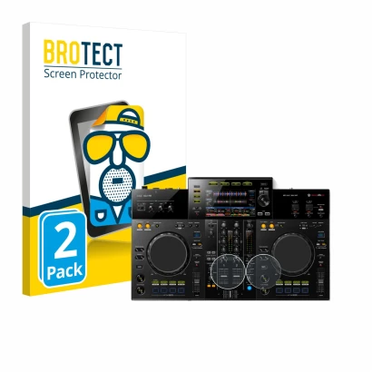 Front side of a product packaging with the brand logo BROTECT. Next to it is the device Pioneer XDJ -RR (Jog) shown with the c