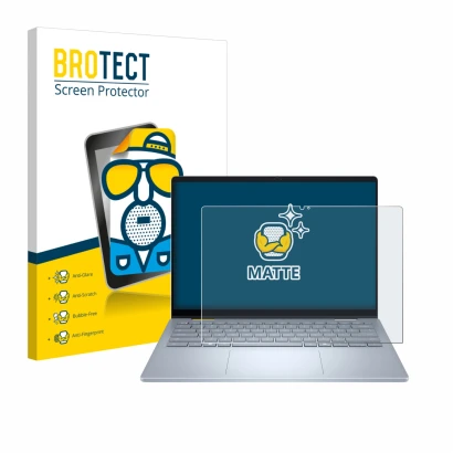 Front side of a product packaging with the brand logo BROTECT. Next to it is the device Dell 14 Plus 2-in-1 shown with the cor