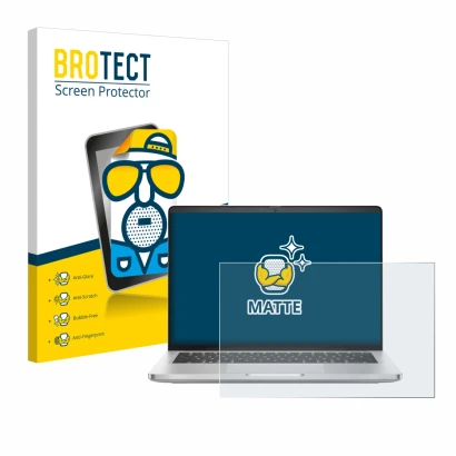 Front side of a product packaging with the brand logo BROTECT. Next to it is the device Dell Pro 14 Plus PB14250 shown with th