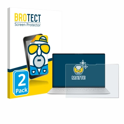 Front side of a product packaging with the brand logo BROTECT. Next to it is the device Dell XPS 13 9350 2024 shown with the c