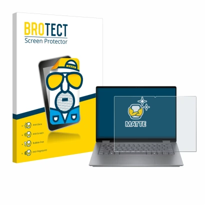 Front side of a product packaging with the brand logo BROTECT. Next to it is the device HP OmniBook X Flip 14 shown with the c