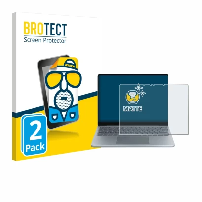 Front side of a product packaging with the brand logo BROTECT. Next to it is the device Microsoft Surface Laptop 13" shown wit