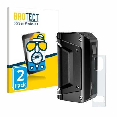 Front side of a product packaging with the brand logo BROTECT. Next to it is the device GeekVape Aegis Legend 3 shown with the