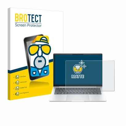 Front side of a product packaging with the brand logo BROTECT. Next to it is the device HP EliteBook 8 G1i 14" shown with the