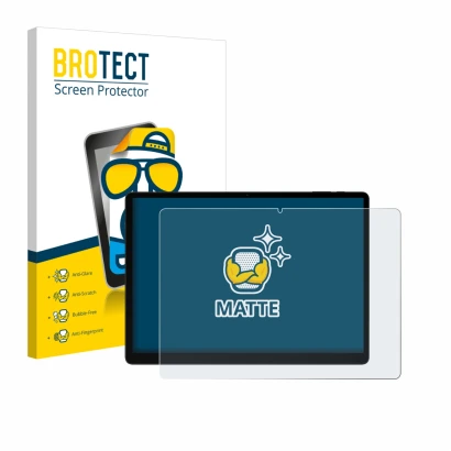Front side of a product packaging with the brand logo BROTECT. Next to it is the device Doogee Tab E3 Max 14 shown with the co