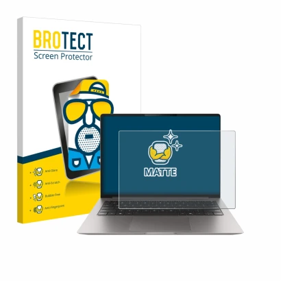 Front side of a product packaging with the brand logo BROTECT. Next to it is the device Honor MagicBook Pro 14 shown with the 