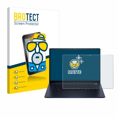 Front side of a product packaging with the brand logo BROTECT. Next to it is the device HP EliteBook Ultra 14 G1i shown with t