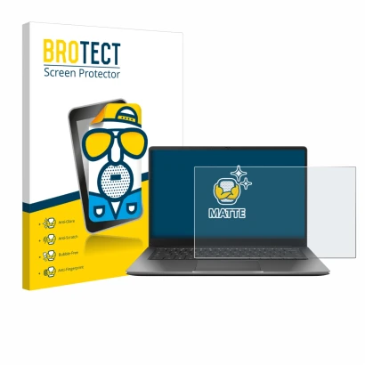 Front side of a product packaging with the brand logo BROTECT. Next to it is the device ASUS Chromebook Plus CX14 shown with t