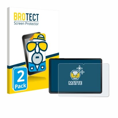 Front side of a product packaging with the brand logo BROTECT. Next to it is the device Doogee Tab A9 shown with the correspon