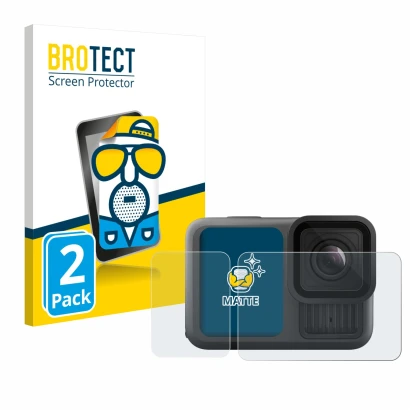 Front side of a product packaging with the brand logo BROTECT. Next to it is the device GoPro Hero 13 Black Creator Edition sh