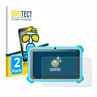 Front side of a product packaging with the brand logo BROTECT. Next to it is the device zcobro KIDS710 7" shown with the corre