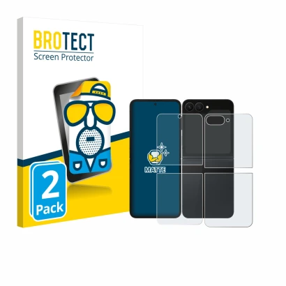 Front side of a product packaging with the brand logo BROTECT. Next to it is the device Samsung Galaxy Z Flip 7 FE (Front+Back