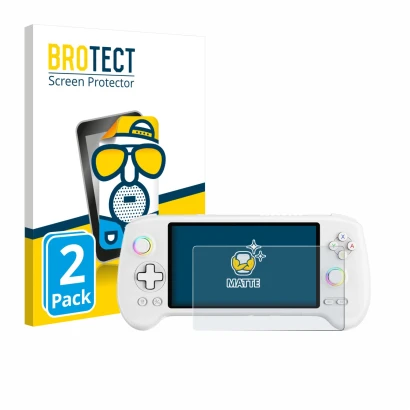 Front side of a product packaging with the brand logo BROTECT. Next to it is the device Anbernic RG557 shown with the correspo