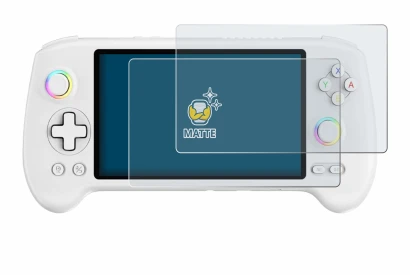 Image of the device Anbernic RG557 with a wide variety of screen protectors.