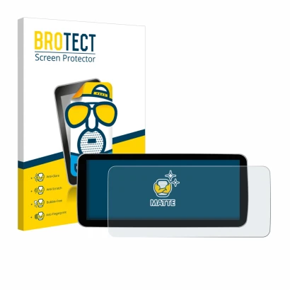 Front side of a product packaging with the brand logo BROTECT. Next to it is the device Ninetom Car Radio 12.3" shown with the