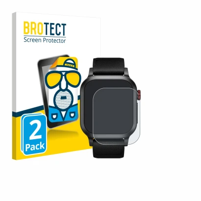 Front side of a product packaging with the brand logo BROTECT. Next to it is the device Haylou Iron Neo 1.95" shown with the c