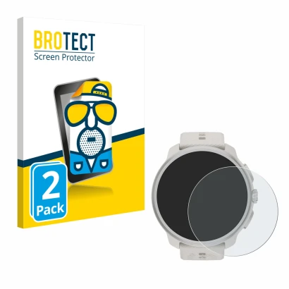Front side of a product packaging with the brand logo BROTECT. Next to it is the device Suunto Race 2 shown with the correspon