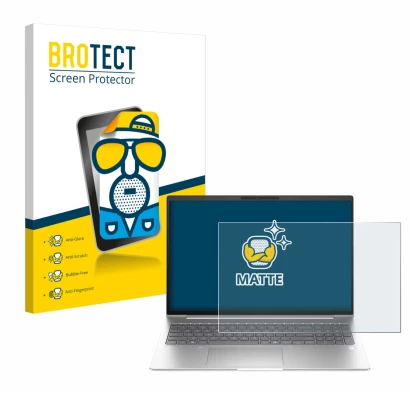 Front side of a product packaging with the brand logo BROTECT. Next to it is the device HP EliteBook 6 G1i 16 shown with the c