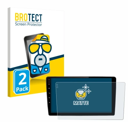 Front side of a product packaging with the brand logo BROTECT. Next to it is the device Junsun V2 Plus 10" shown with the corr