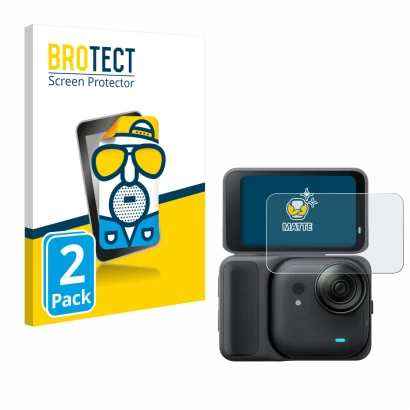 Front side of a product packaging with the brand logo BROTECT. Next to it is the device Insta360 Go Ultra shown with the corre