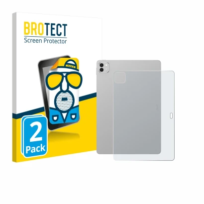 Front side of a product packaging with the brand logo BROTECT. Next to it is the device Honor Magicpad 3 (Back) shown with the