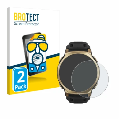 Front side of a product packaging with the brand logo BROTECT. Next to it is the device Huami Amazfit T-Rex 3 Pro (44 mm) show