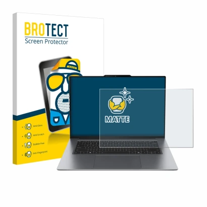 Front side of a product packaging with the brand logo BROTECT. Next to it is the device Lenovo ThinkPad X9 14 G1 shown with th