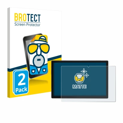 Front side of a product packaging with the brand logo BROTECT. Next to it is the device Antemper D115 10.1" shown with the cor