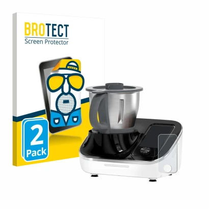 Front side of a product packaging with the brand logo BROTECT. Next to it is the device TOKIT Omni Cook C2 shown with the corr