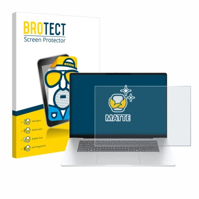 Front side of a product packaging with the brand logo BROTECT. Next to it is the device HP OmniBook 5 16 shown with the corres