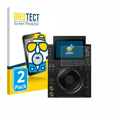 Front side of a product packaging with the brand logo BROTECT. Next to it is the device Pioneer CDJ 3000X shown with the corre