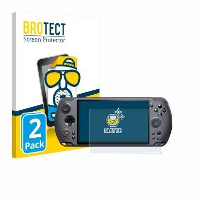 Front side of a product packaging with the brand logo BROTECT. Next to it is the device GPD Win 5 shown with the corresponding