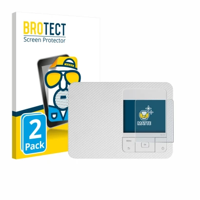 Front side of a product packaging with the brand logo BROTECT. Next to it is the device Canon Selphy CP1500 Mini shown with th