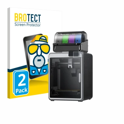 Front side of a product packaging with the brand logo BROTECT. Next to it is the device Creality K2 shown with the correspondi