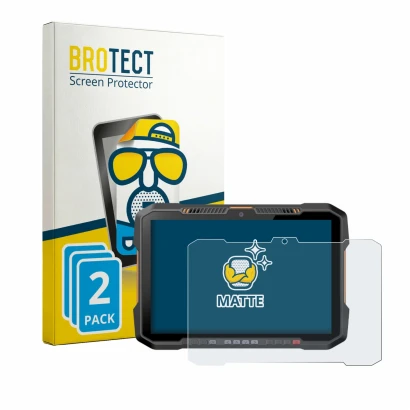 Front side of a product packaging with the brand logo BROTECT. Next to it is the device Newland Speedata SD100 Orion Plus show