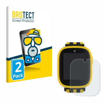 Front side of a product packaging with the brand logo BROTECT. Next to it is the device Xplora X6 Play BVB-Edition shown with 