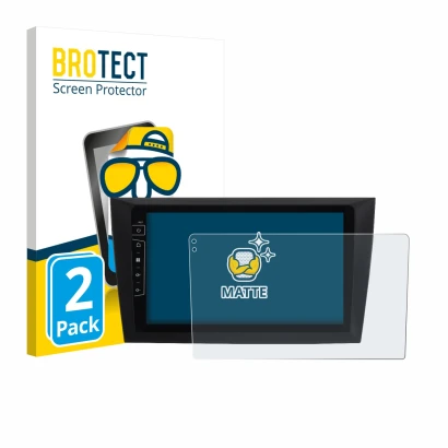 Front side of a product packaging with the brand logo BROTECT. Next to it is the device Dynavin D8-DF31 9" shown with the corr