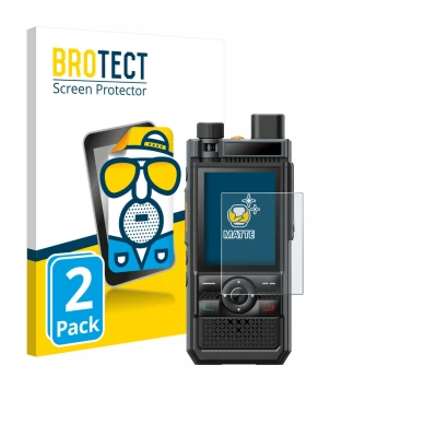 Front side of a product packaging with the brand logo BROTECT. Next to it is the device Hytera P50 shown with the correspondin