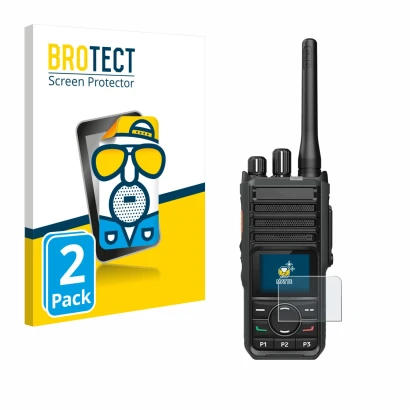Front side of a product packaging with the brand logo BROTECT. Next to it is the device Hytera HP565 shown with the correspond