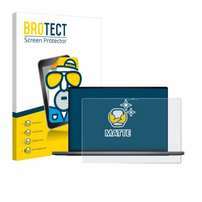 Front side of a product packaging with the brand logo BROTECT. Next to it is the device Dell XPS 16 DA16260 shown with the cor