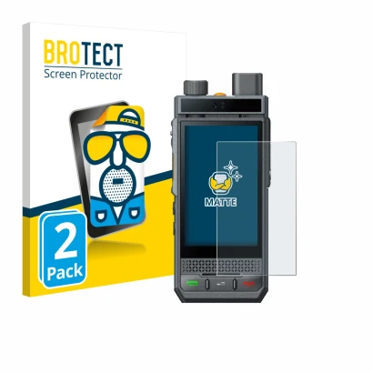 Front side of a product packaging with the brand logo BROTECT. Next to it is the device Hytera P60 shown with the correspondin