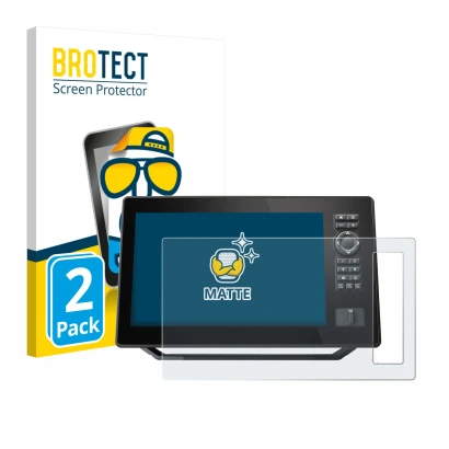 Front side of a product packaging with the brand logo BROTECT. Next to it is the device Humminbird Xplore 9 shown with the cor