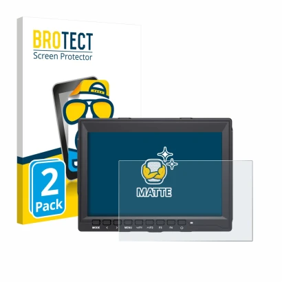 Front side of a product packaging with the brand logo BROTECT. Next to it is the device Feelworld FW759 7" shown with the corr