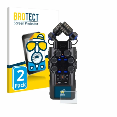 Front side of a product packaging with the brand logo BROTECT. Next to it is the device Zoom H6 studio shown with the correspo