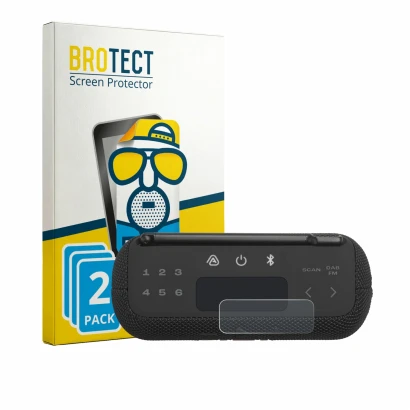 Front side of a product packaging with the brand logo BROTECT. Next to it is the device JBL Tuner 3 shown with the correspondi
