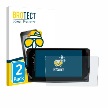 Front side of a product packaging with the brand logo BROTECT. Next to it is the device Dynavin D9-DF432 9" shown with the cor