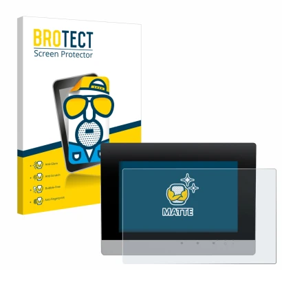 Front side of a product packaging with the brand logo BROTECT. Next to it is the device WAGO Touch Panel 600 Web Panel shown w